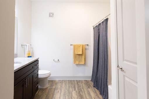 A bathroom with a toilet, sink, and shower curtain.