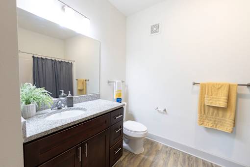 A bathroom with a white toilet, sink, and wooden floors.