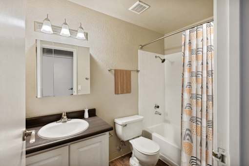 A bathroom with a sink, toilet, and shower.