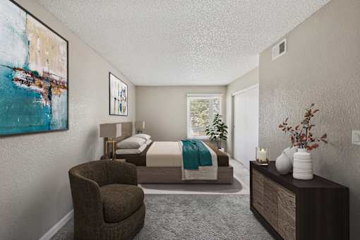A bedroom with a bed, chair, and painting on the wall.
