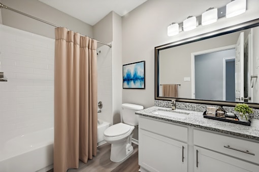 A bathroom with a white toilet, a bathtub, a sink, and a mirror.
