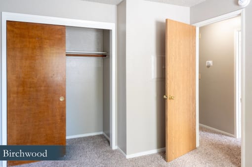 a bedroom with a closet and two doors