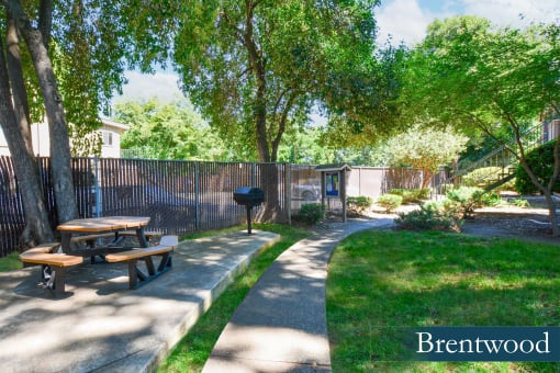 a patio with a picnic table and a grill in a backyard