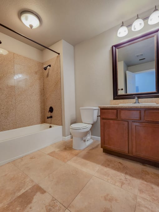 View of large bathroom, with tiled tub shower combo, toilet, vanity and sink, large mirror, and lighting