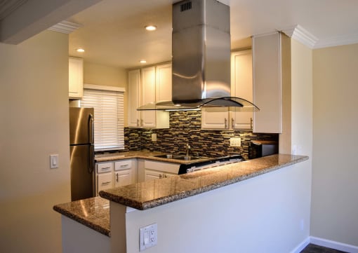 View of kitchen with stone counters, recessed lighting, tile backsplash and stainless appliances