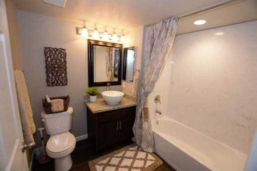 View of furnished model bathroom with tub shower combo, vanity and vessel sink, toilet, mirror and medicine cabinet.