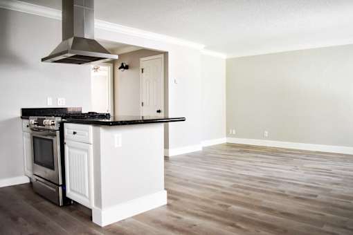 A kitchen with a  stove top oven and a range hood.