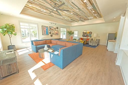 a living room with a blue couch and a tv at Midtown Sam Houston Apartments, Texas, 77340