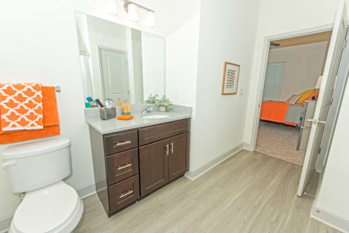 a bathroom with a mirror and a toilet and a sink at Midtown Sam Houston Apartments, Huntsville, TX