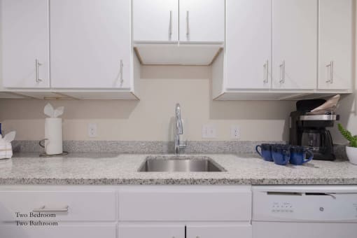 a kitchen counter with a sink and white cabinets at Parks Residential - Richardson, Texas, 75082