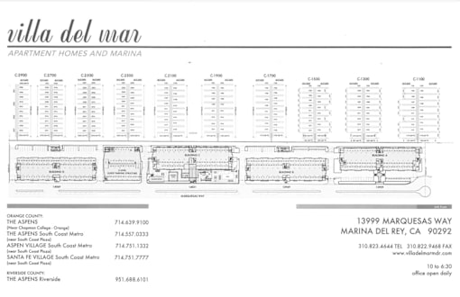 A page from a brochure for Villa del Mar, an apartment complex with multiple floor plans and contact information.