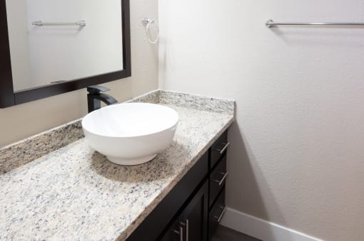 a bathroom with a bowl sink on a counter and a mirror
