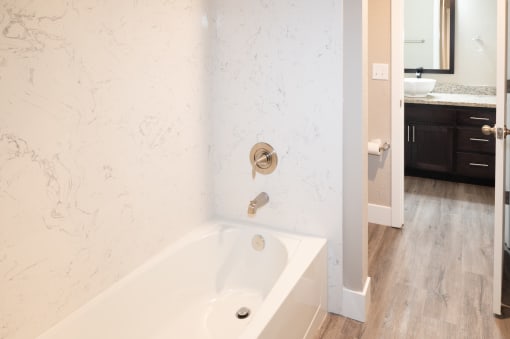 a bathroom with a tub and a sink and a mirror