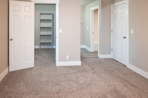 an empty room with a carpeted floor and a closet