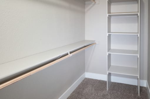 a room with a shelf and a closet