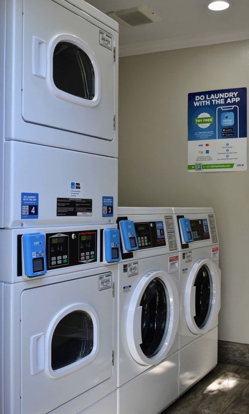 View of laundry facility with multiple washers and dryers