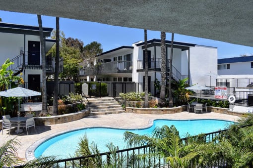 Elevated view of pool with seating area and surrounding buildings