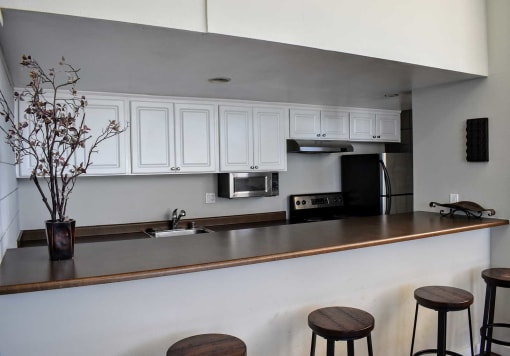 View of community lounge with bar top, stools stainless appliances and white cabinets