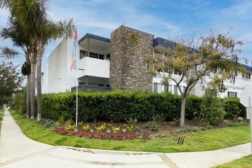 a building with a flag in front of it