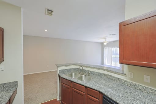 View from kitchen into living and dining area