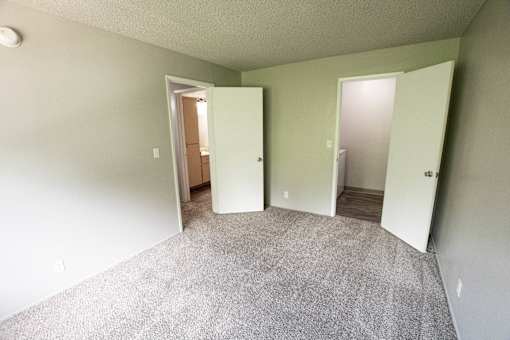 an empty room with three doors and a carpeted floor
