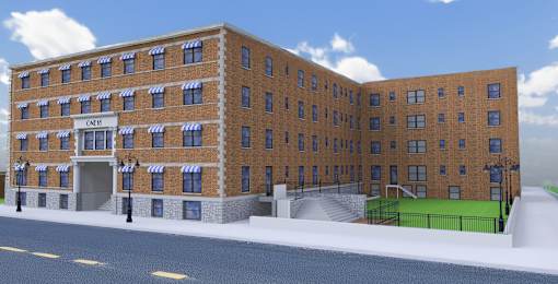 A 3D rendered image of a brick building with the name at ONE18 West Street Residential Apartments, Reno