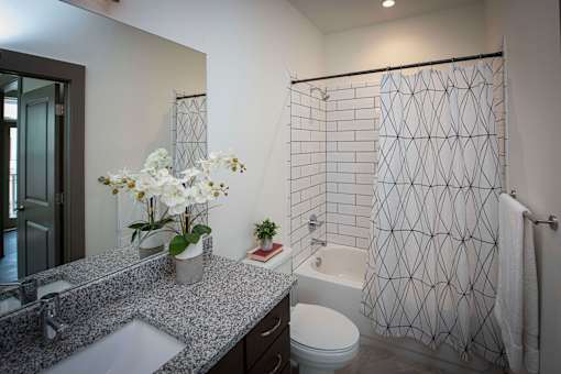 A bathroom with a white toilet, a sink, and a shower with a white and black tile.