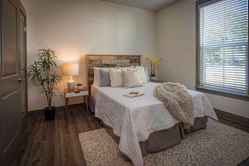 A bedroom with a bed, a lamp, a plant, and a window.