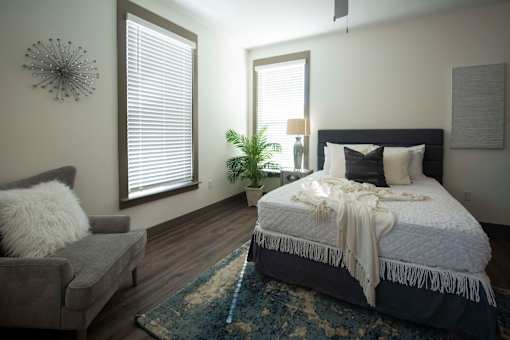 A bedroom with a bed, a couch, and a rug.