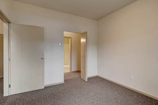 A room with a carpeted floor and two doors.