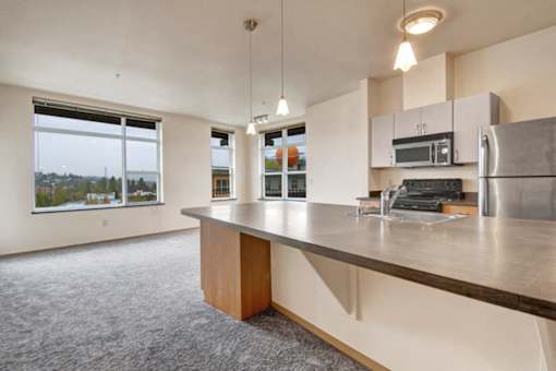 A kitchen with a large island and a view of the outdoors through the windows.