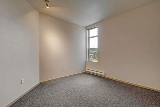A room with a window and a carpeted floor.
