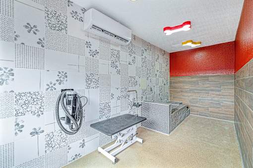 A bathroom with a shower and a bench.