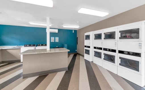 a kitchen with white cabinets and a counter and a blue wall at Glen Brae, Glendale