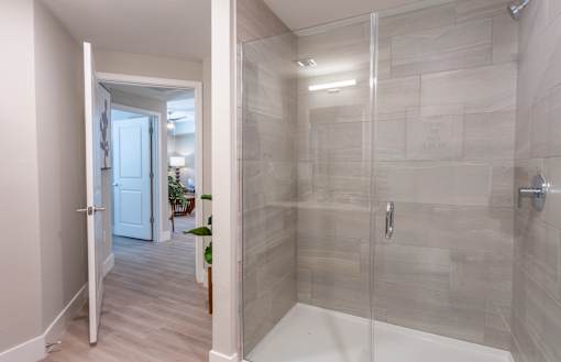 A bathroom with a walk-in shower and a doorway leading to another room.