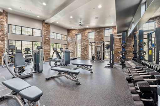 A gym with a variety of equipment including treadmills, weights, and benches. at The Laurel Apartments, Chandler Arizona  