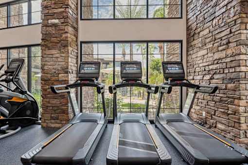A gym with treadmills and a brick wall. at The Laurel Apartments, Chandler, 85286  