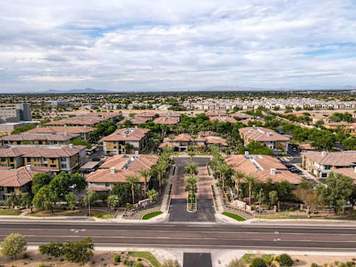 A suburban neighborhood with houses and palm trees. at The Laurel Apartments, Chandler  