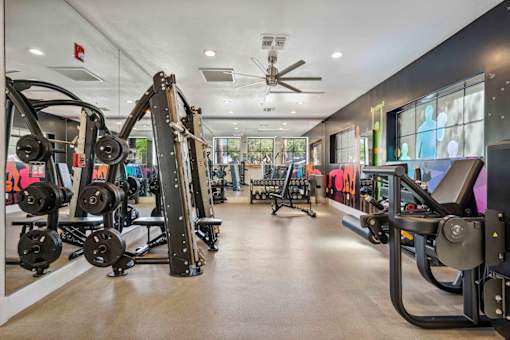 A gym with a variety of equipment including dumbbells, weight machines, and a bench press. at Lazo Apartment Homes, Chandler, 85225  