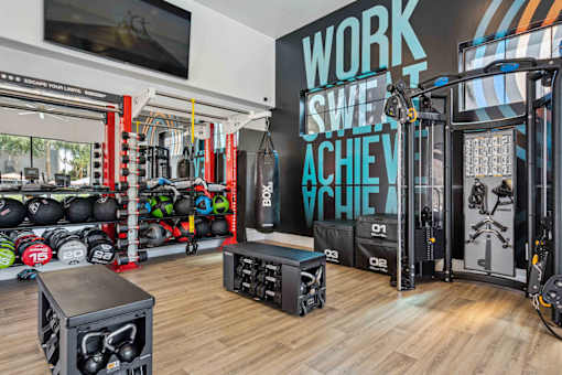 A gym with a variety of equipment including a squat rack, bench, and weights. at Lazo Apartment Homes, Arizona  