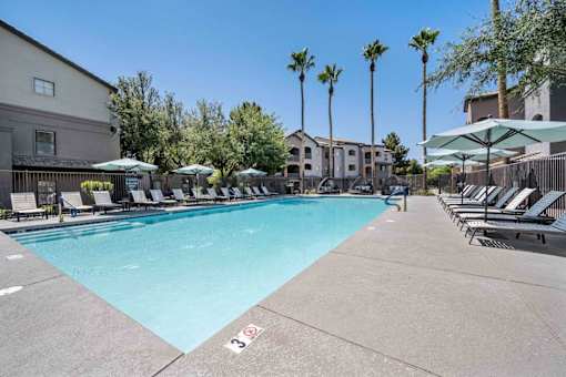 A large swimming pool surrounded by lounge chairs and umbrellas at Lazo Apartment Homes, Chandler  .