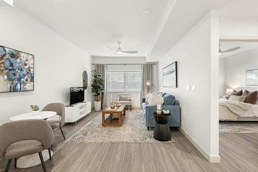Spacious living room with vaulted ceiling at Lucero Apartments, Phoenix, Arizona
