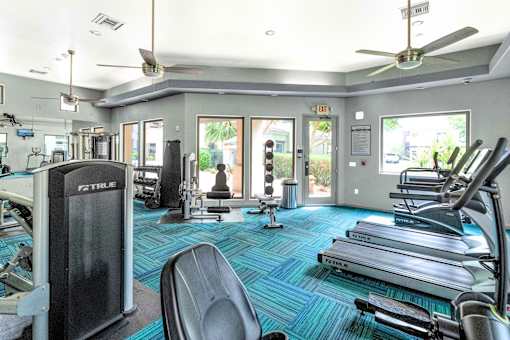A gym with a variety of equipment including treadmills, weights, and a fan.