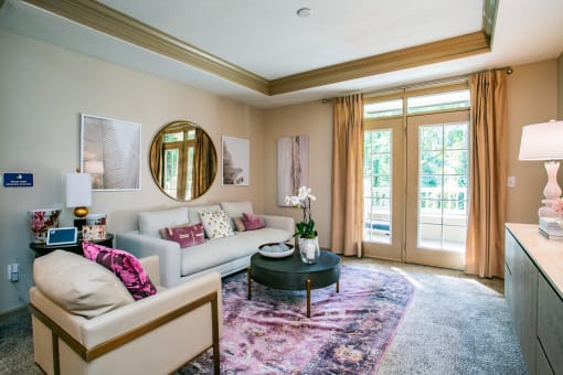 Spacious Living Room with French Doors at Best Apartments in Buckhead GA