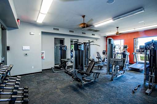 A gym with a variety of equipment including treadmills, weights, and exercise machines.