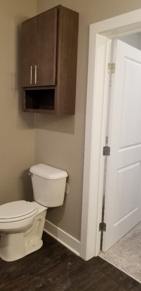 A white toilet sits next to a brown cabinet in a bathroom.