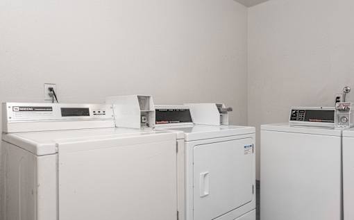 A row of white washing machines in a laundry room.