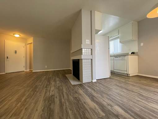 A room with wooden flooring and a white door.
