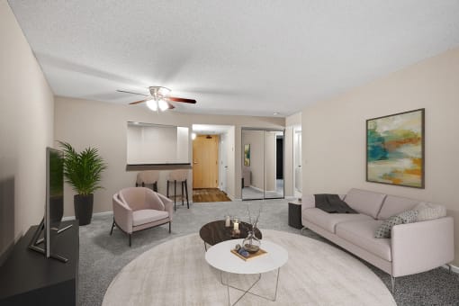 a living room with a couch and a coffee table