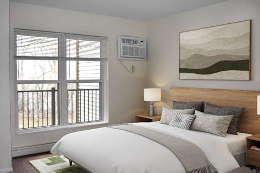 A bedroom with a large bed, a window with blinds, and a painting on the wall.